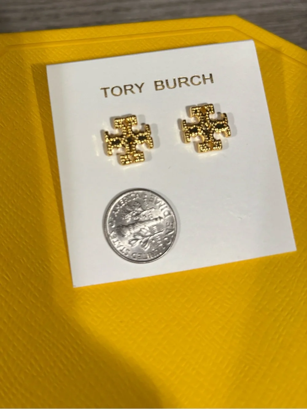 NWOT - Tory Burch Textured Gold Logo Stud Earrings